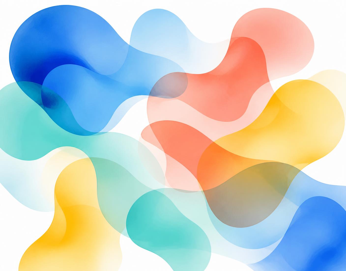 Soft overlapping shapes in blue, teal, coral and yellow